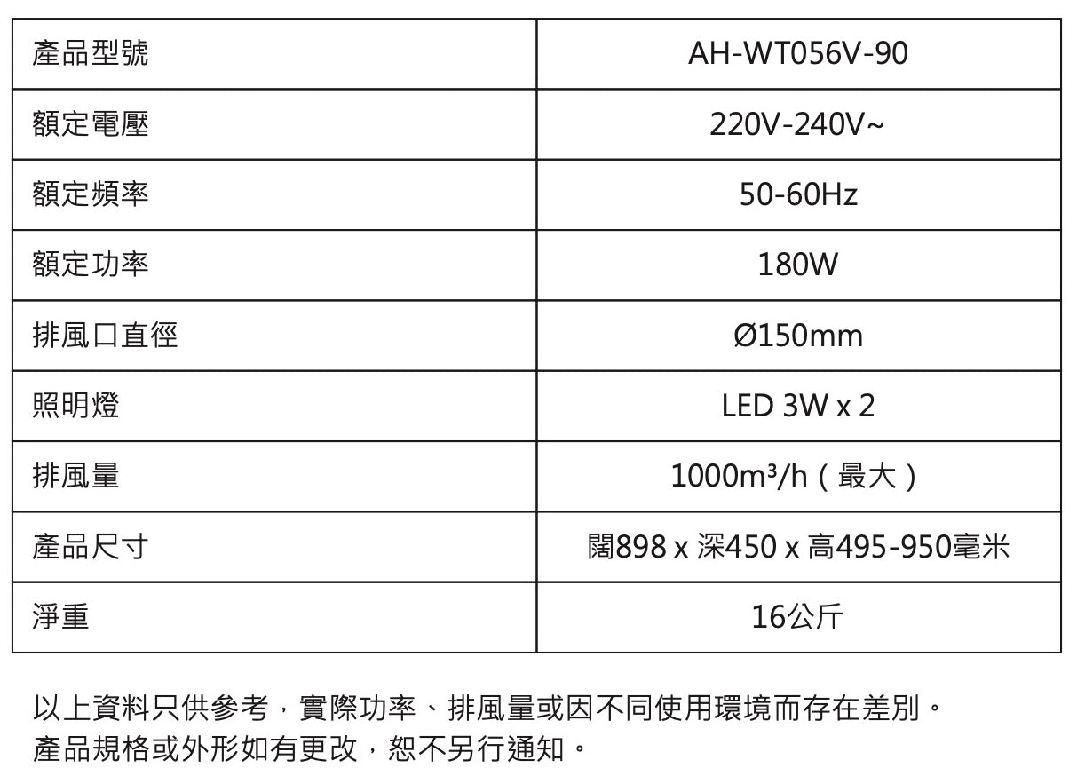 Ahome 纖薄型煙囪式變頻抽油煙機 AH-WT056V-90